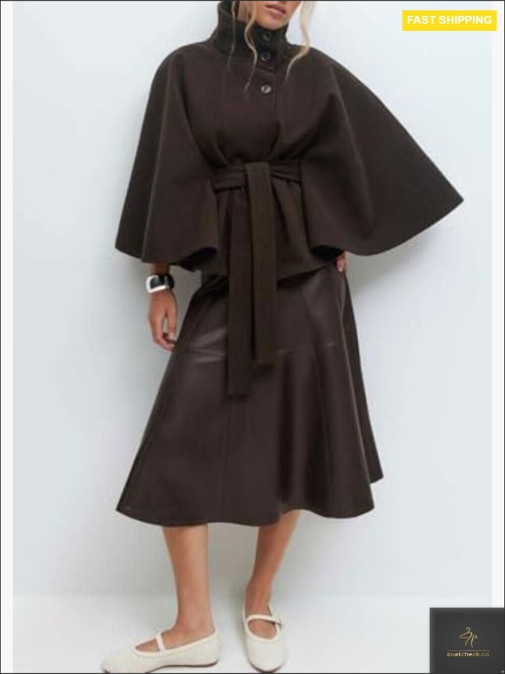 Wool Blend Pea Coat with Batwing Sleeves and Belted Waist Cropped Jacket Winter - Picture 3 of 7